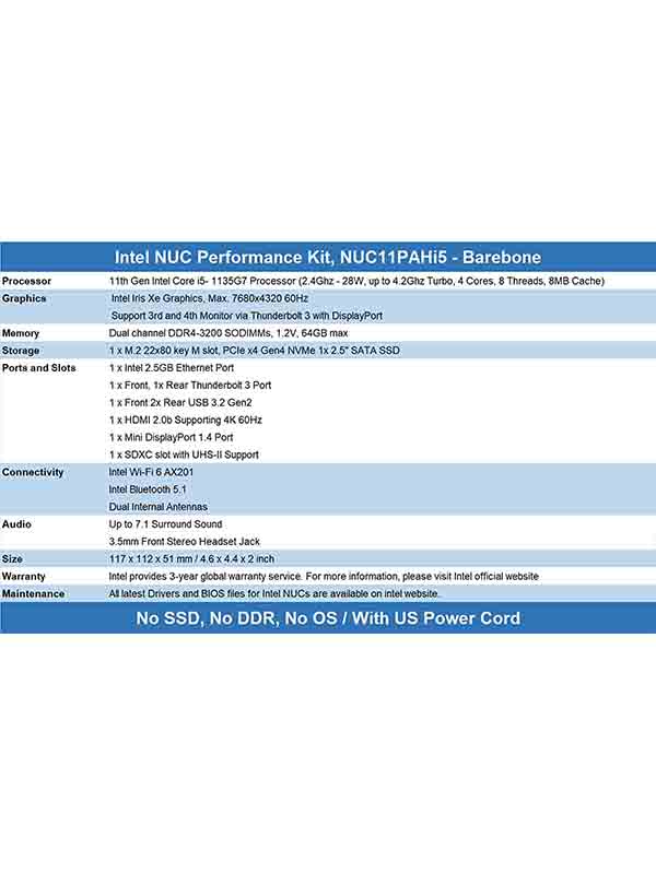 Intel NUC PC NUC11PAHi5, Intel Core i5-1135G7 Processor, 28W Intel® Iris™ Xe Graphics, 2.4 GHz – 4.2 GHz Turbo Mini PC/HTPC Home & Business Desktop | NUC11PAHi5