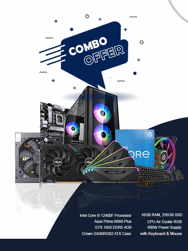 Gaming PC - 12th Gen Intel Core i5 12400F Processor, ASUS Prime H610M-K D4 mATX Motherboard, 16GB RAM, 256GB SSD + 1TB HDD , GTX 1650 DDR5 4GB, CPU Air Cooler RGB, 600W Power Supply &  Crown GS40RGB2 ATX Case with Keyboard & Mouse 