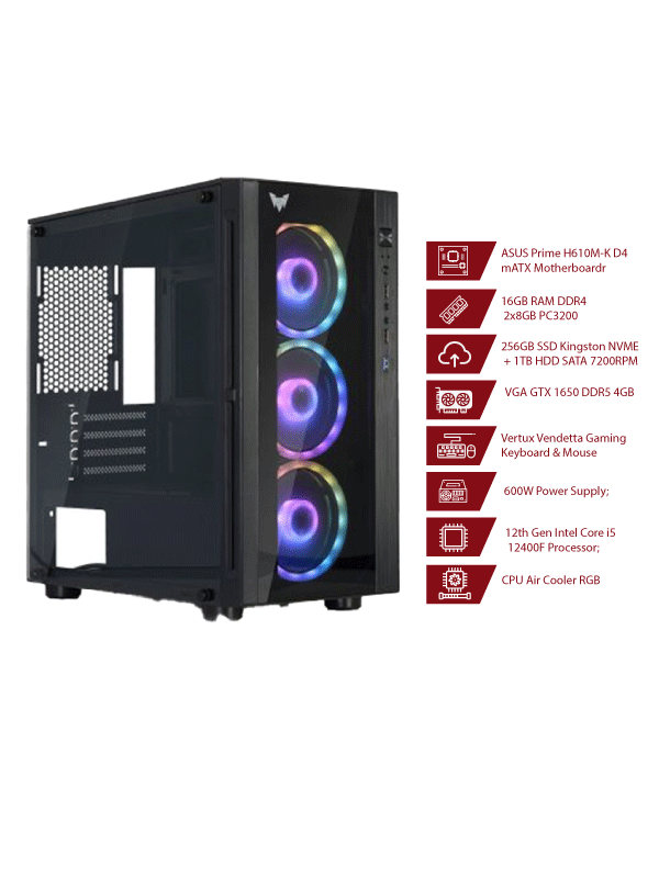 Gaming PC - 12th Gen Intel Core i5 12400F Processor, ASUS Prime H610M-K D4 mATX Motherboard, 16GB RAM, 256GB SSD + 1TB HDD , GTX 1650 DDR5 4GB, CPU Air Cooler RGB, 600W Power Supply &  Crown GS40RGB2 ATX Case with Keyboard & Mouse 