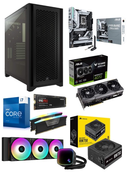 Gaming PC, Intel Core i9-13900K Processor, Asus Prime Z790-A Wifi 6E ATX Motherboard, 32GB RAM, 1TB SSD, RTX4070 12GB Graphics, Corsiar RM850E Powersupply, Deepcool LS520 CPU Cooler, FRACIL NORTH CASE