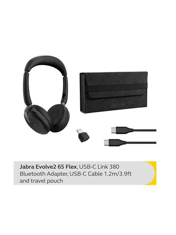Jabra Evolve2 65 Flex, Link380c MS Stereo, Jabra Headphone, Bluetooth, USB-A, USB-C, Active Noise-Cancellation, Black with Warranty