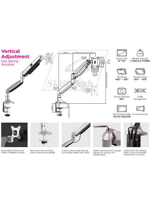 Skill Tech Aluminum Vertical Adjustment Monitor Desk Mount Full Motion Screen Size 13inch - 32inch | ST-SH100-C012