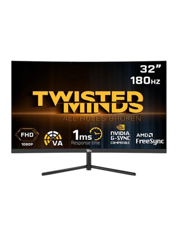 Twisted Minds 32" Curved Gaming Monitor, Twisted Minds Monitors, FHD VA Monitor, 1920 x 1080 Resolution, 180Hz Refresh Rate, 1ms, Contrast Ratio 3000:1, Curve(R1500), HDMI2.0 Gaming Monitor, Black with Warranty | TM32FHD180VA