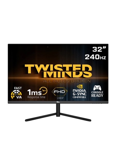 Twisted Minds 32" Flat Gaming Monitor, Twisted Minds Monitors, FHD VA Monitor, 1920 x 1080 Resolution, 240Hz Refresh Rate, 1ms, Contrast Ratio 3000:1, Multiple I/O Ports, HDR HDMI2.1 Gaming Monitor, Black with Warranty | TM32FHD240VA
