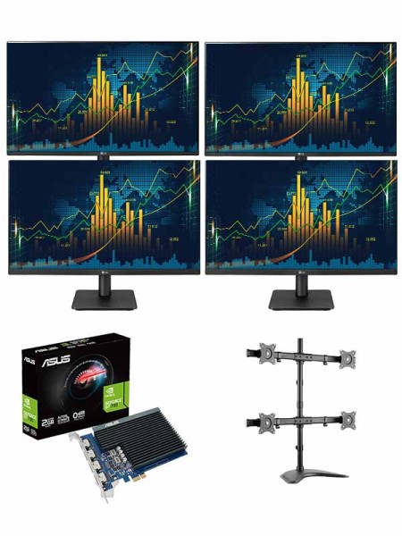 4 Monitor Setup for Trading, LG 24MP400-B 23.8 inch FHD IPS LED HDMI Monitor + Asus GT730 GeForce GT 730 2GB GDRR5 with 4 x HDMI Ports with Desk Mount Stand