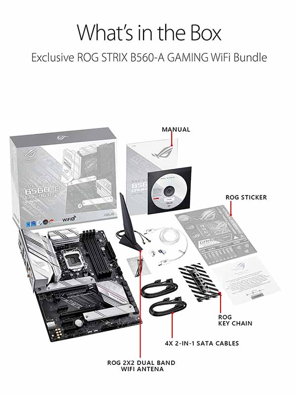 ASUS ROG Strix B560-A Gaming WiFi Motherboard - Intel B560 Chipset, LGA 1200, Max Memory 128GB DDR4, PCIe 4.0, SATA3, 2x M.2, 2.5GbE, ax WiFi, USB 3.2, ATX Gaming Motherboard