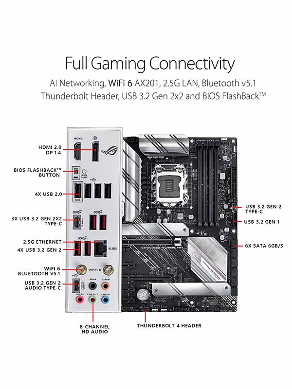 ASUS ROG Strix B560-A Gaming WiFi Motherboard - Intel B560 Chipset, LGA 1200, Max Memory 128GB DDR4, PCIe 4.0, SATA3, 2x M.2, 2.5GbE, ax WiFi, USB 3.2, ATX Gaming Motherboard