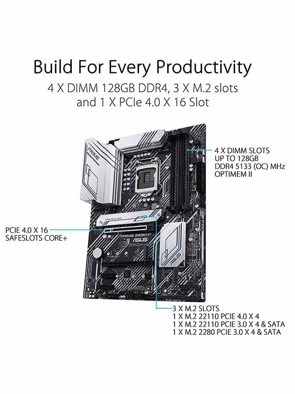 Asus Prime Z590-P, Intel Socket 1200, 4 x SATA & 6 x USB Ports, DDR4 Max 128GB, 4 Slots, ATX Form Factor Gaming Motherboard