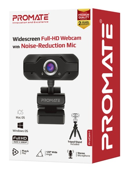 Promate ProCam-1 Professional Widescreen Video Call And Recording USB Webcam with Noise Reduction Stereo Mic, Black with Warranty 