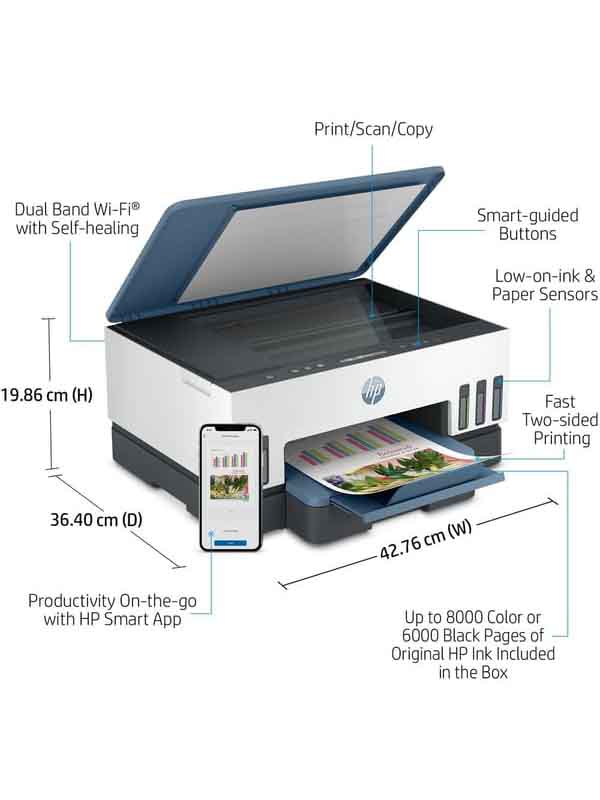 HP Smart Tank 725 All-in-One wireless Printer, Print, Scan, Copy, Auto Duplex Printing, Print up to 18000 black or 8000 color pages, White & Blue with Warranty | 28B51A