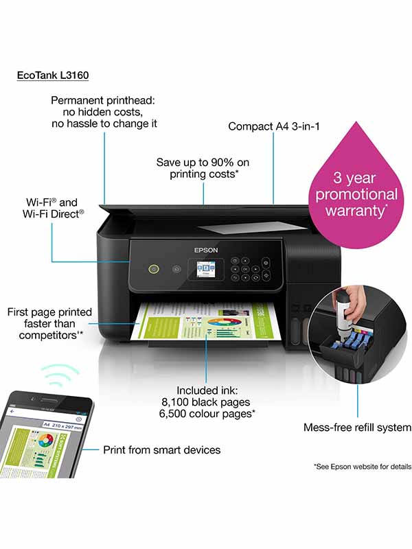 Epson EcoTank L3160 Print, Scan, Copy Wi-Fi Color Tank Printer | Epson L3160 Color Printer 
