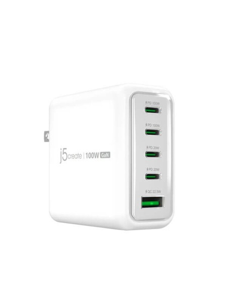 j5create JUP53100, 100W GaN USB-C 5-Port Charger, 4x USB-C Power Delivery, 1x USB-A 22.5W Fast Charging, PPS, QC 3.0, Dynamic Power Balancing, Pure White or Coal Mine, 2-Year Warranty | JUP53100