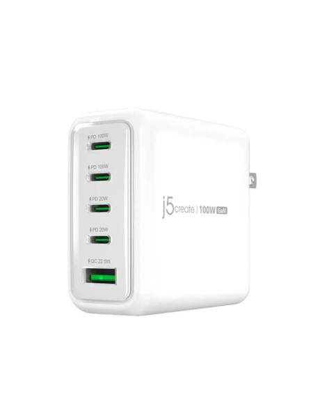 j5create JUP53100, 100W GaN USB-C 5-Port Charger, 4x USB-C Power Delivery, 1x USB-A 22.5W Fast Charging, PPS, QC 3.0, Dynamic Power Balancing, Pure White or Coal Mine, 2-Year Warranty | JUP53100