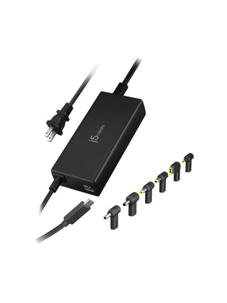 j5create JUP2290DC, 100W PD 3.0 USB-C Super Charger, USB-A 12W Fast Charging, 6 USB-C-to-DC Laptop Connectors, Auto-Balanced Dual-Device Charging, Black, 2-Year Warranty | JUP2290DC