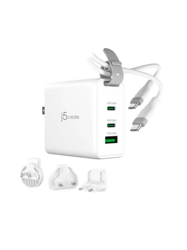 j5create JUP3565CV, 65W GaN USB-C 3-Port Travel Charger, Dual USB-C PD, USB-A 30W Fast Charging, PD 3.0, PPS, QC 3.0, AU/EU/UK Changeable AC Plugs, White, 2-Year Warranty | JUP3565CV j5create JUP3565CV, 65W GaN USB-C 3-Port Travel Charger, Dual USB-C PD, USB-A 30W Fast Charging, PD 3.0, PPS, QC 3.0, AU/EU/UK Changeable AC Plugs, White, 2-Year Warranty | JUP3565CV
