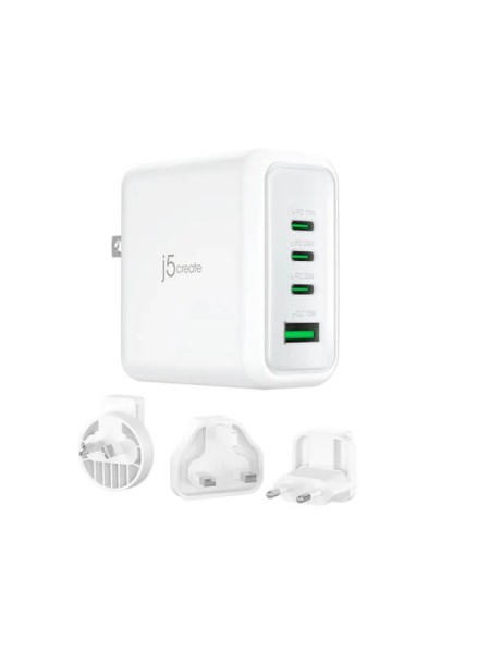 j5create JUP4370V, 70W GaN USB-C 4-Port Travel Charger, 3x USB-C PD, USB-A 18W Fast Charging, PD 3.0, PPS, QC 3.0, Auto-Balanced Charging, AU/EU/UK Changeable AC Plugs, Pure White/Airy Blue/Misty Rose, 2-Year Warranty | JUP4370V