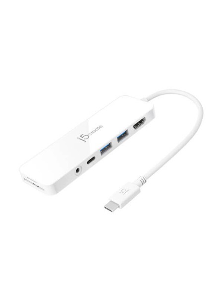 j5create JCD373, 7-in-1 USB-C Multi-Port Hub, 4K 30Hz HDMI, 60W Power Delivery, Dual USB-A 5Gbps, SD and microSD Card Readers, 3.5mm Audio, White, 2-Year Warranty | JCD373