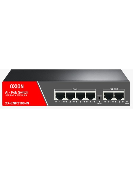 OXION OX-ENP2106-1N 4 Port Lite Series Ai-PoE Switch +2N Uplink with 250M Long Range (60W) | OX-ENP2106-1N