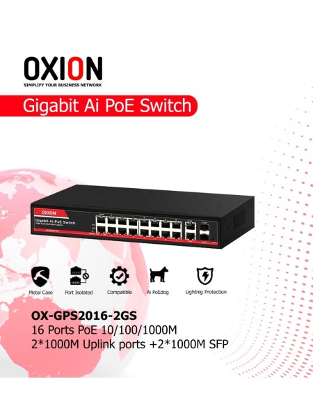 OXION OX-GPS2016-2GS 16 Port Gigabit Ai PoE Switch+2GE+2SFP Uplink with 250M Long Range (300W) | OX-GPS2016-2GS