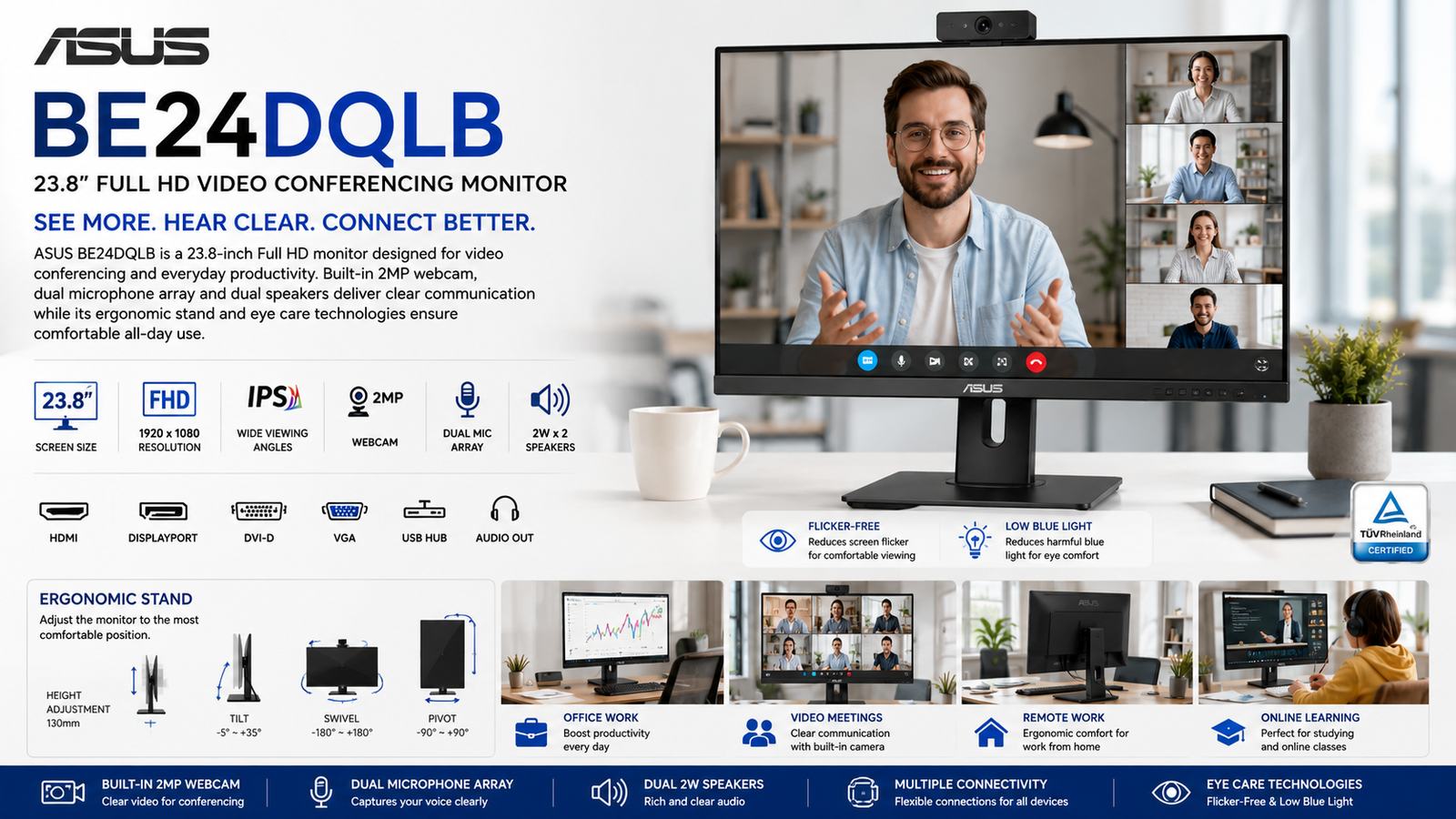 Asus BE24DQLB FHD IPS Video Conferencing Monitor | BE24DQLB