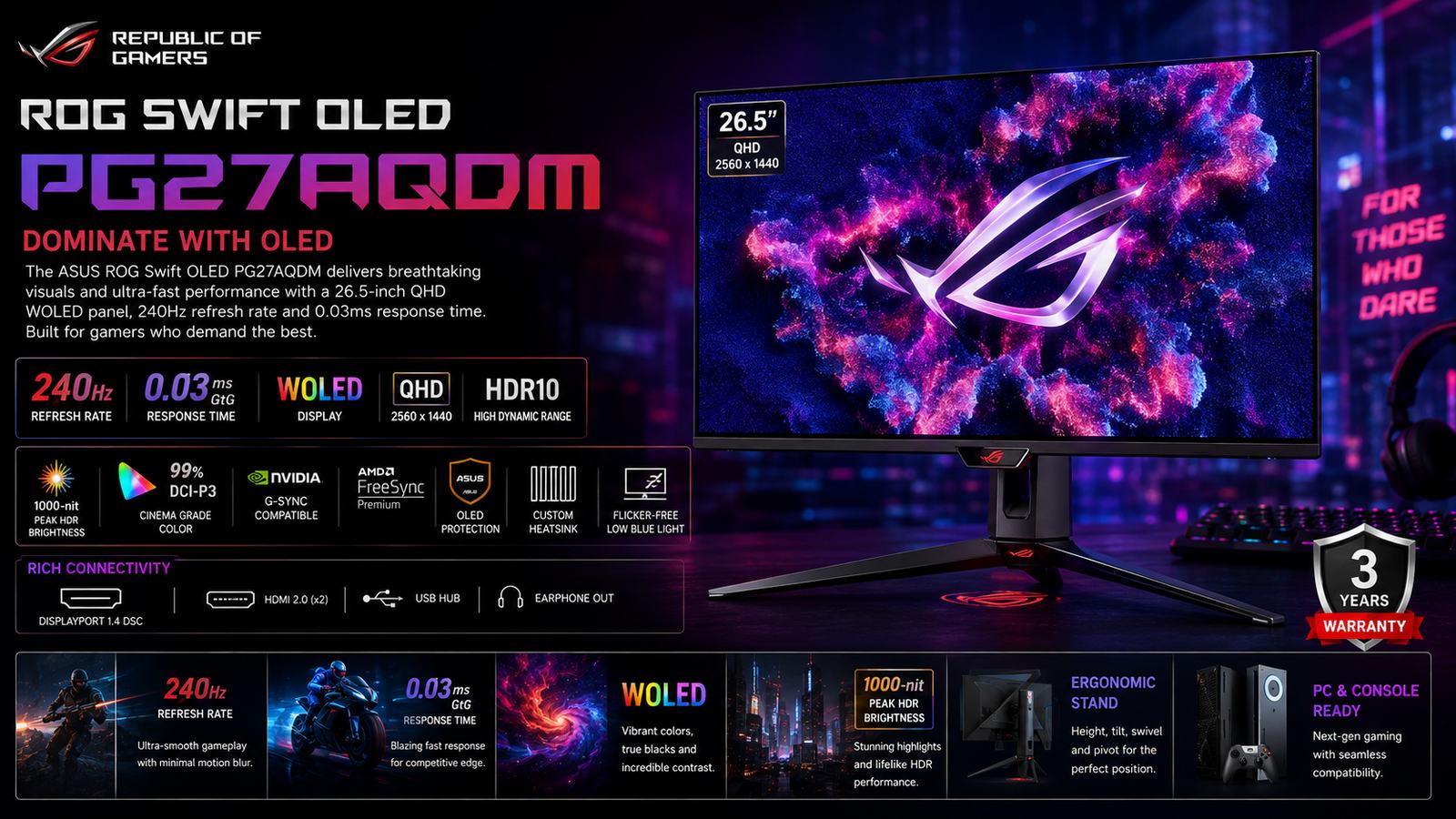 Asus Rog Swift OLED PG27AQDM, 27inch WQHD 2560 x 1440 (2K) Gaming Monitor  240 Hz IPS FreeSync Premium & G-Sync Compatible 0.03(GTG) Flat Panel with Warranty | OLED PG27AQDM