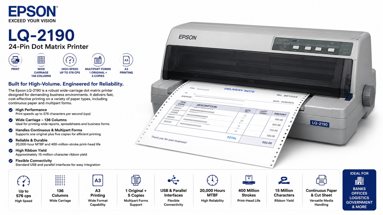 Epson LQ-2190 24-Pin 136-Column Dot Matrix Printer, Up to 576cps, A3, USB & Parallel | C11CA92001A0