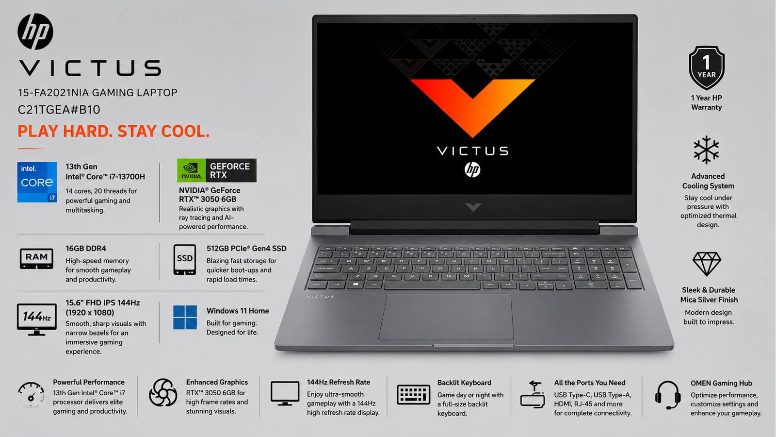 HP Victus 15-fa2021nia Gaming Laptop, Intel Core i7-13700H, 16GB DDR4, 512GB PCIe Gen4 SSD, 15.6-inch FHD IPS 144Hz, NVIDIA GeForce RTX 3050 6GB, Windows 11 Home, Mica Silver with Warranty | C21TGEA#B10