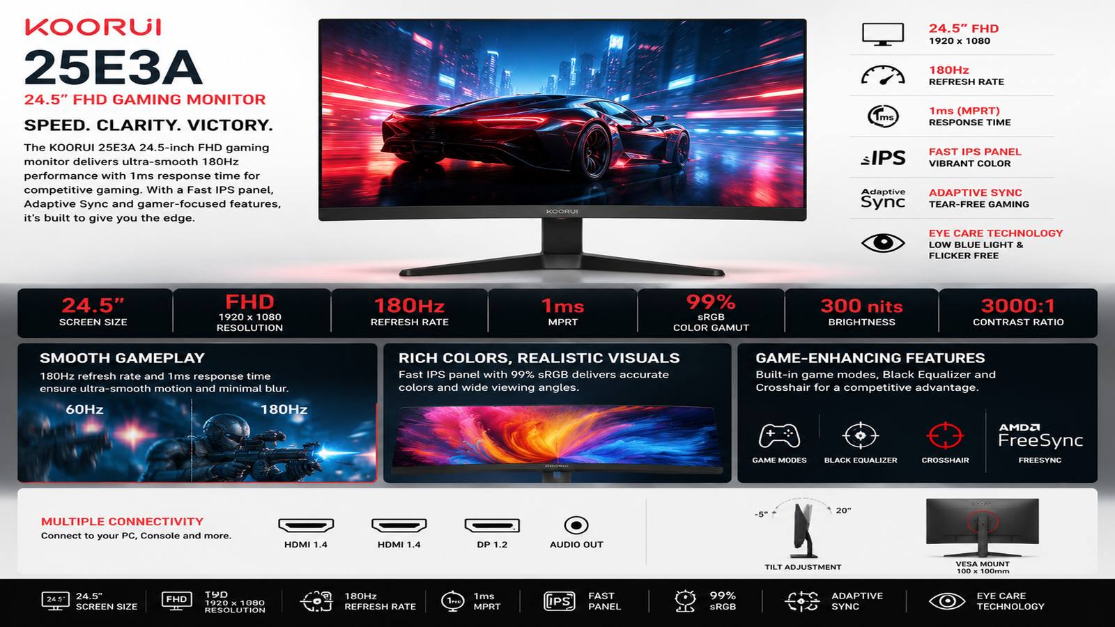 Koorui 25E3A, Koorui Gaming Monitor, 24.5inch FHD Gaming Monitor, FHD VA Monitor, 1920 x 1080 Resolution, 170Hz Refresh Rate, 1ms Response Time, sRGB 99%, VESA, Tilt Adjustable, Eye Care, Black with Warranty | 25E3A