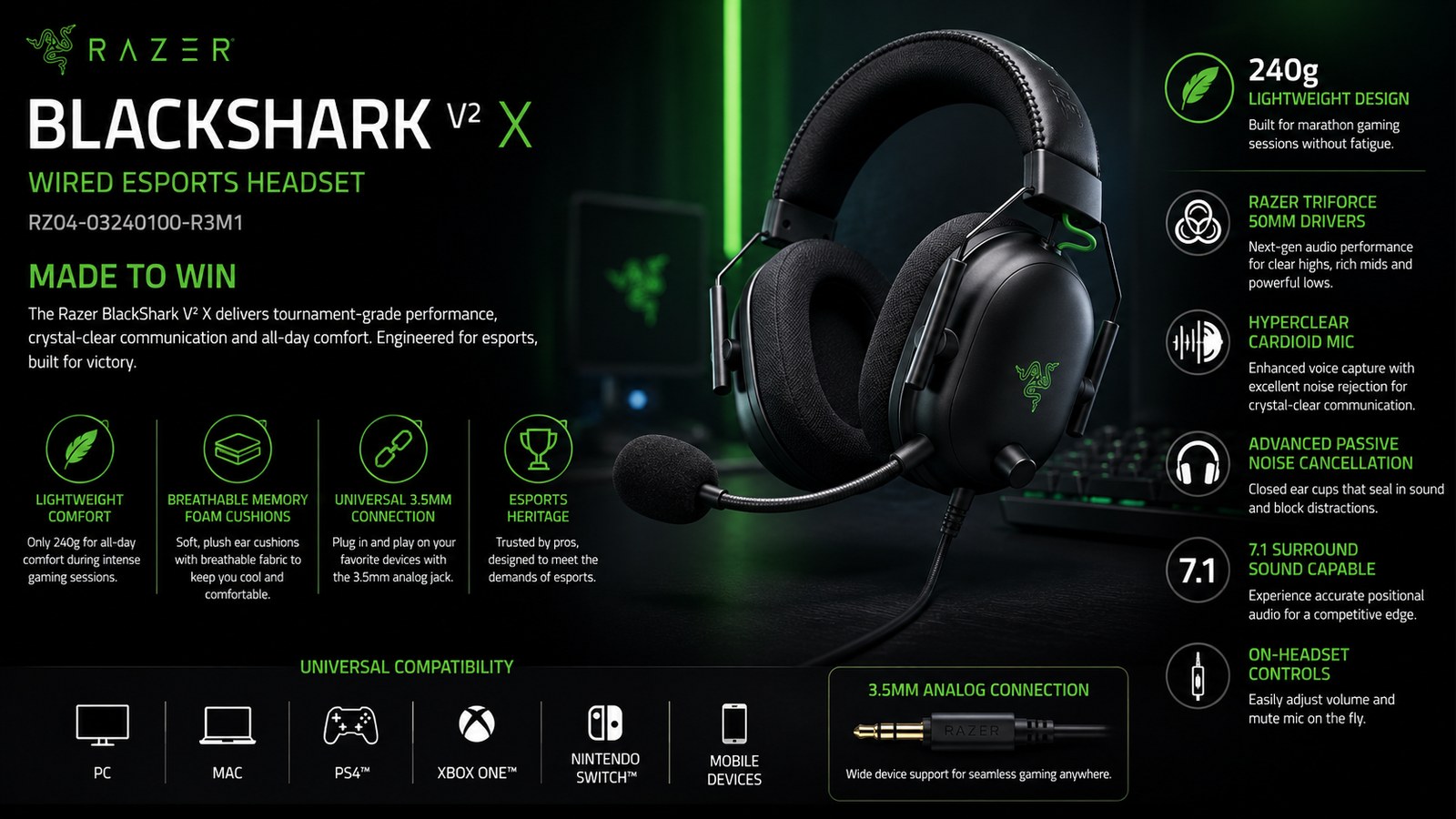 Razer BlackShark V2 X Gaming Headset, 7.1 Surround Sound Capable,  3.5mm Headphone Jack - Classic Black | RZ04-03240100-R3M1