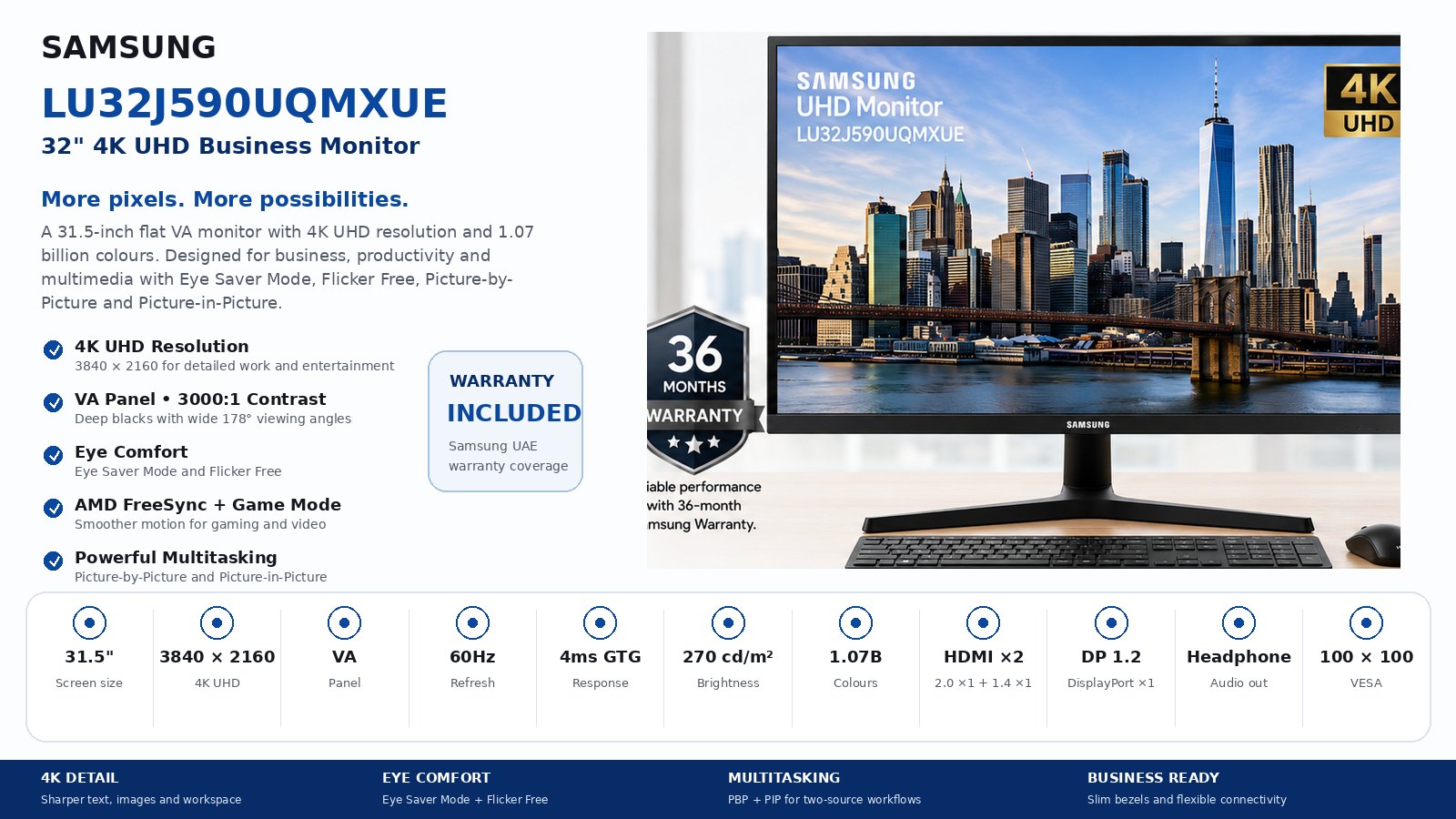 Samsung LU32J590UQMXUE 32inch 4K UHD Widescreen Business monitor, Flat 3,840 x 2,160 Resolution, 3000:1 Contrast Ratio, Eye Saver Mode, 60 Hz Refresh Rate, HDMI, Black with Warranty | Samsung 4k 32inch Monitor 