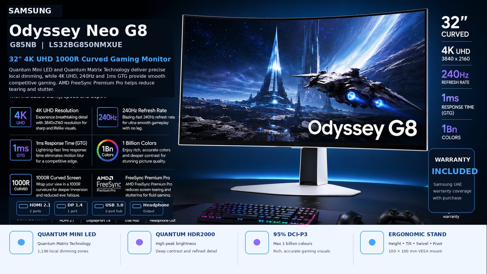 Samsung LS32BG850 32inch Odyssey Curved Gaming Monitor, 4K UHD 3840x2160 VA Display, 240Hz Refresh Rate, 1ms Response Time, 1Bn Colors, AMD FreeSync Premium Pro, HDMI 2.1, DP 1.4, White | LS32BG850NMXUE