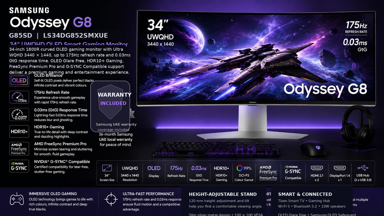 SAMSUNG G855D Odyssey G8 Smart Gaming Monitor, 34" UWQHD OLED Display, 175Hz Refresh Rate, 0.03ms (GtG) Response Time,AMD FreeSync Premium Pro & G-Sync Technology, Silver, With Warranty | LS34DG852SMXUE