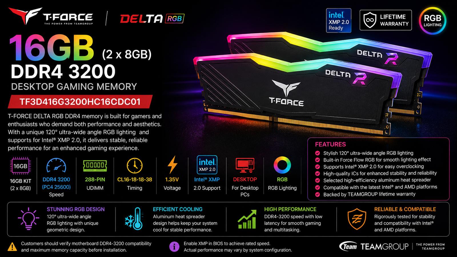 TEAM T-Force Delta RGB 16GB (2 x 8GB) 288-Pin DDR4 SDRAM DDR4 3200 (PC4 25600) Intel XMP 2.0 Desktop Memory | TF3D416G3200HC16CDC01