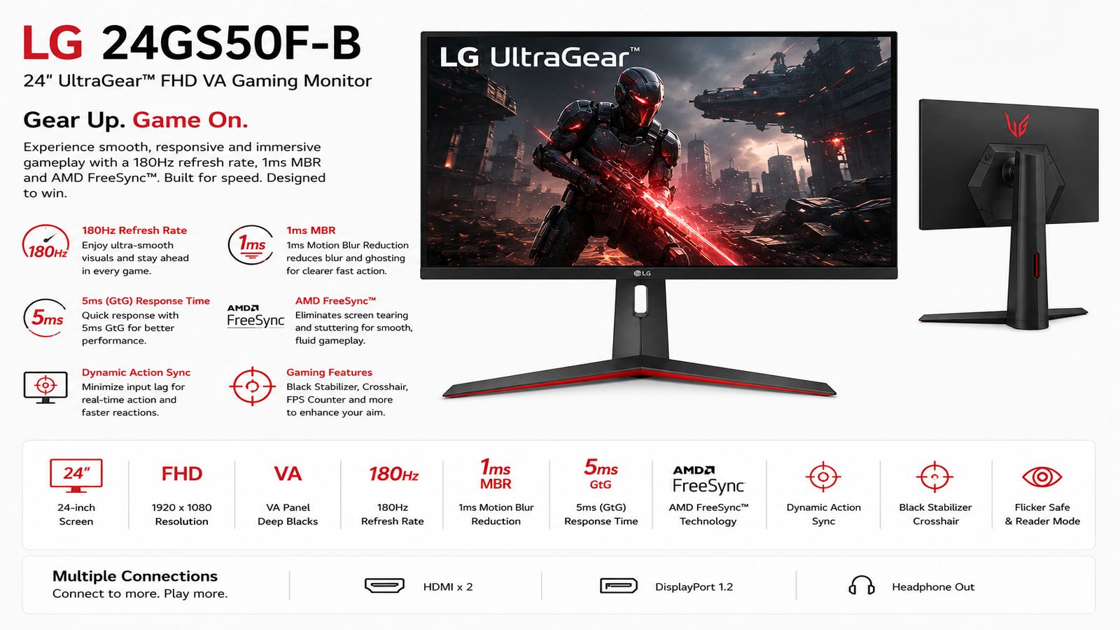 LG 24GS50F-B, 24" UltraGear FHD VA Gaming Monitor, 180Hz Refresh Rate, 1ms MBR & 5ms GtG Response Time, AMD FreeSync & Dynamic Action Sync, Black | 24GS50F-B