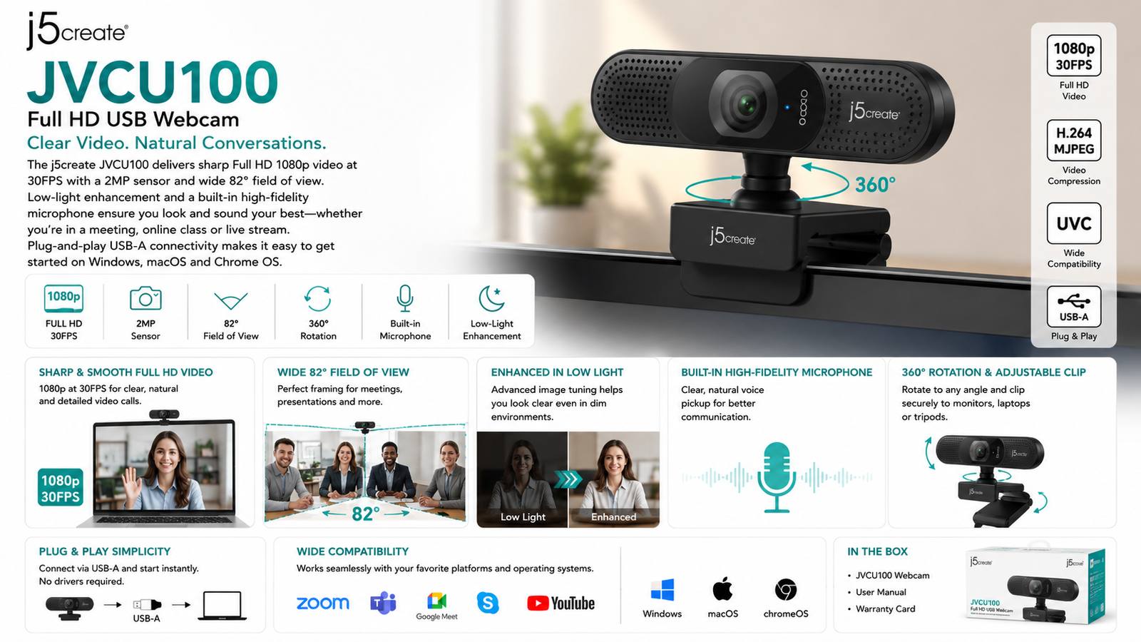 j5create JVCU100, USB Full HD Webcam, 1080p 30FPS, 2MP Sensor, 82° Wide-Angle View, 360° Rotation, H.264 and MJPEG, Built-In High-Fidelity Microphone, Low-Light Enhancement, USB-A, Black, 1-Year Warranty | JVCU100