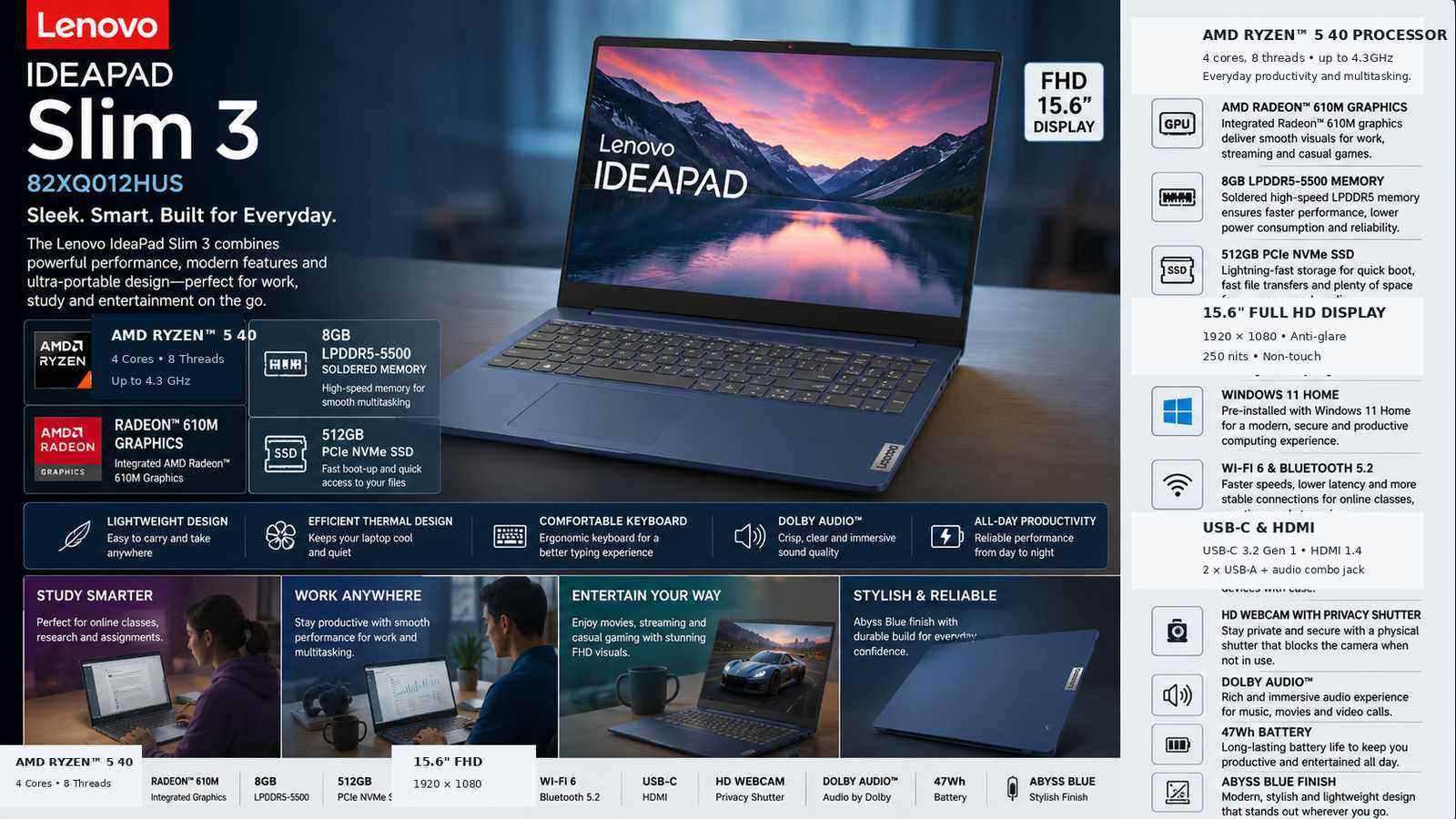 Lenovo IdeaPad Slim 3 15AMN8 82XQ012HUS Ryzen 5 40 Abyss Blue laptop UAE