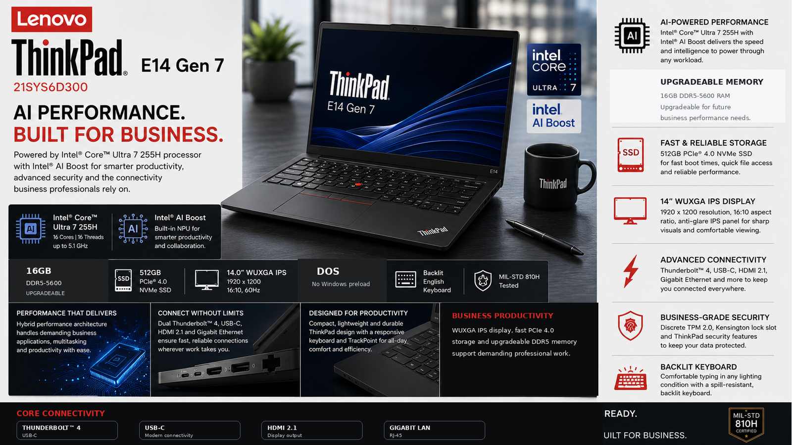 Lenovo ThinkPad E14 Gen 7 21SYS6D300 Core Ultra 7 255H AI laptop specifications